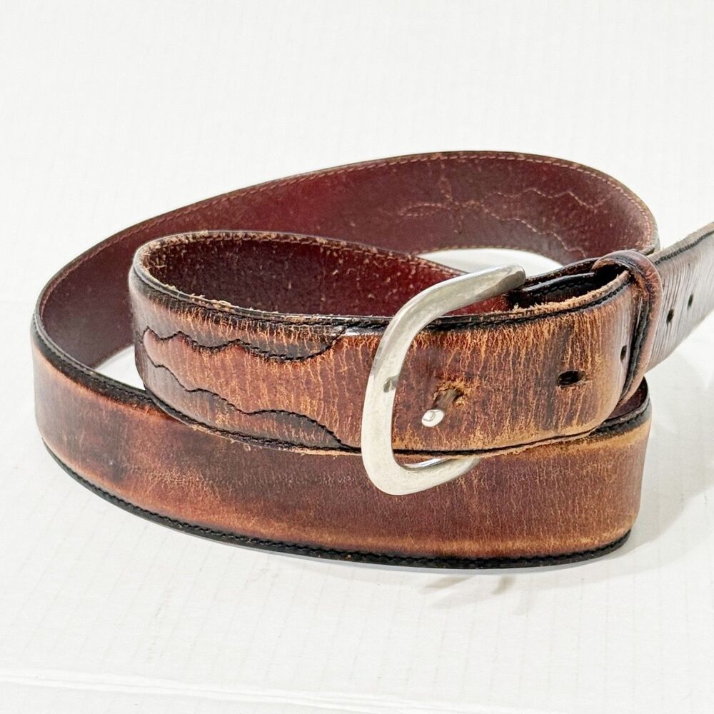 SILVER CREEK Leather Western Belt Brown 51109 Sz 42 Distressed Silver Tone Buckl